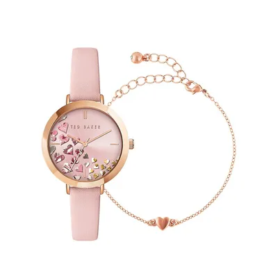 Montre Ammy Hearts avec bracelet en cuir rose et bracelet rose doré BKG0281009I