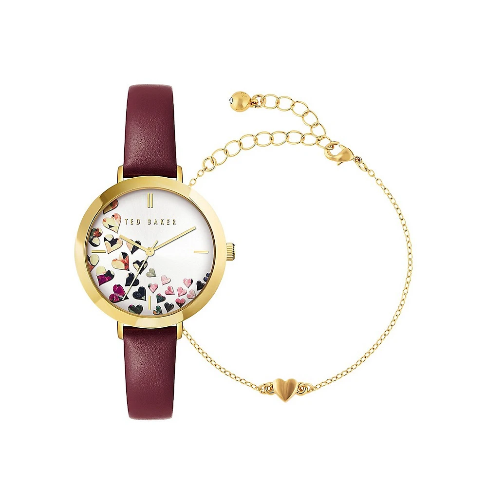 Ensemble montre avec bracelet en cuir bourgogne et bracelet orné de cœurs Ammy Hearts BKG0283009I