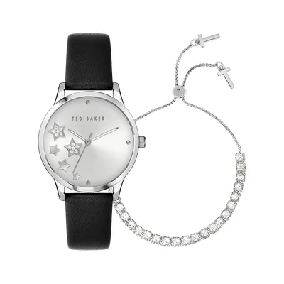 Montre en acier inoxydable avec bracelet en cuir et bracelet en cristal Fitzrovia Stars BKGFW22209I, deux pièces