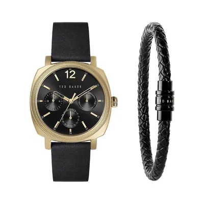 Montre chronographe en acier inoxydable noir avec bracelet en cuir et bracelet Caine BKGFW22229I, deux pièces
