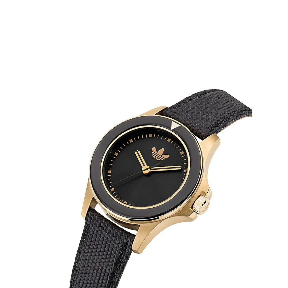 Fashion Expression 1 Goldtone Recycled Stainless Steel & Black Nyon Strap Watch AOFH230152I