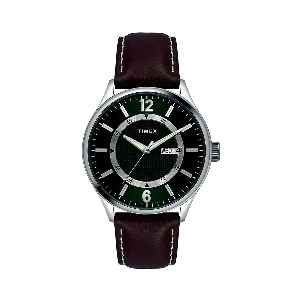 Classic Stainless Steel & Black Leather Strap Watch​ TW2V82100GP