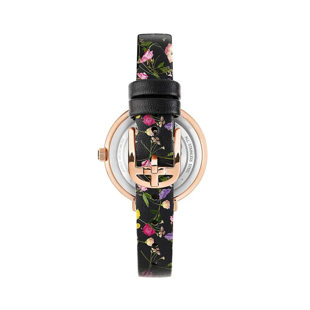 Ammy Floral Rose Goldtone Stainless Steel & Leather Strap Watch BKPAMS3019I