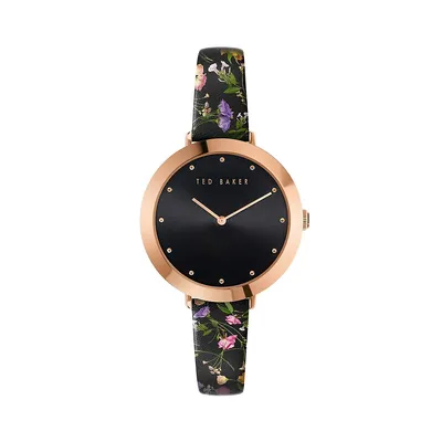 Ammy Floral Rose Goldtone Stainless Steel & Leather Strap Watch BKPAMS3019I