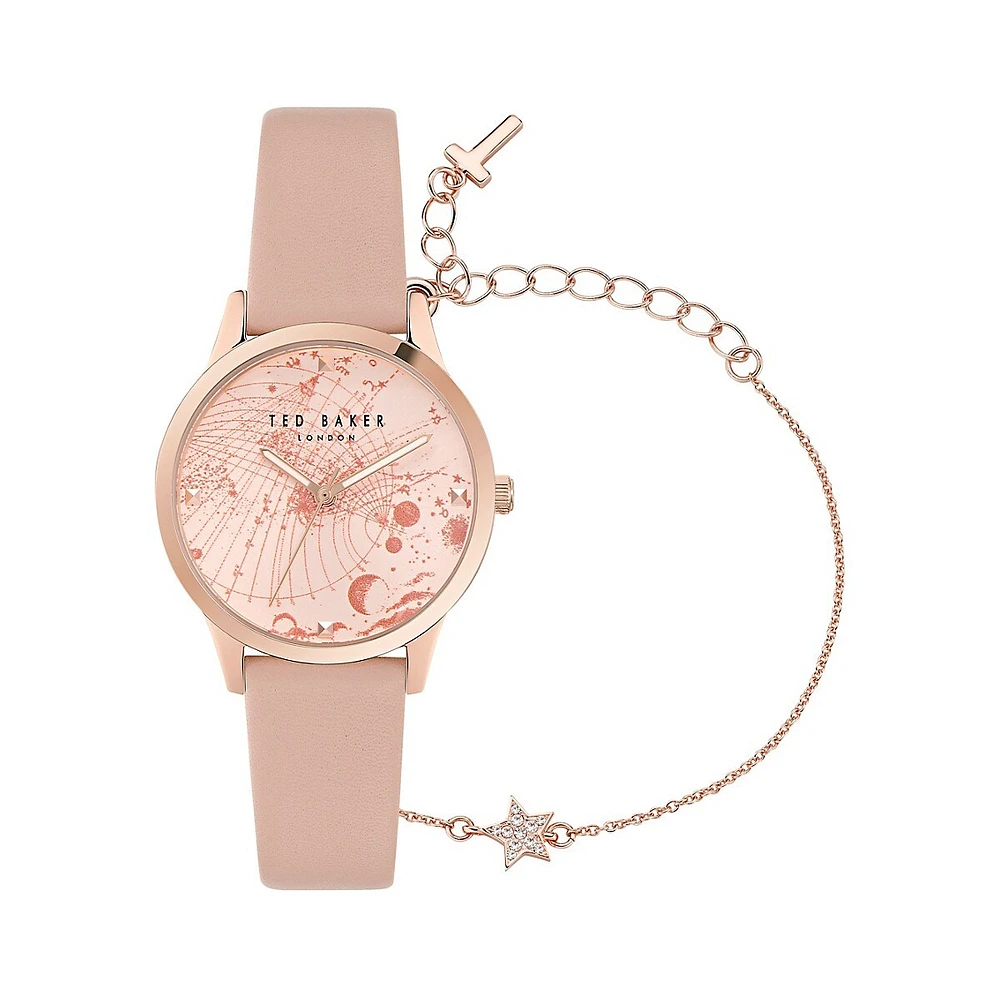 Fitzrovia Constellation Pink Leather Strap Watch & Star Bracelet Set BKGFW23019I