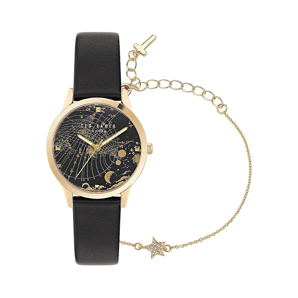 Fitzrovia Constellation Black Leather Strap Watch & Star Bracelet Set BKGFW23029I