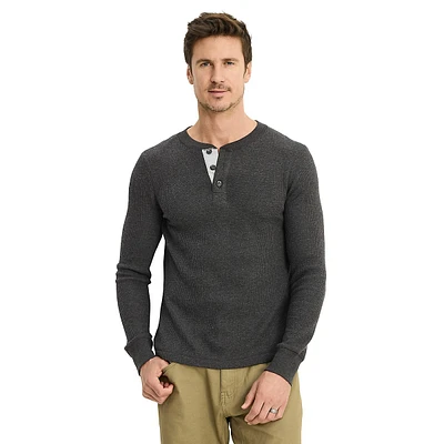 Long-Sleeve Waffle-Knit Henley Top