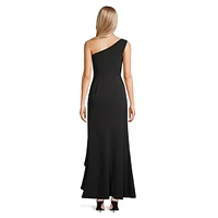 One-Shoulder Side-Twist Ruffled High-Low Gown