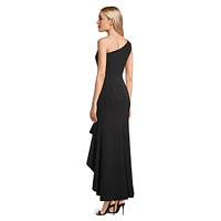 One-Shoulder Side-Twist Ruffled High-Low Gown