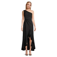 One-Shoulder Side-Twist Ruffled High-Low Gown