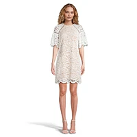 Floral Lace Raglan-Sleeve Shift Dress