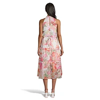 Tiered Floral Chiffon Halter Midi Dress