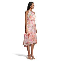 Tiered Floral Chiffon Halter Midi Dress