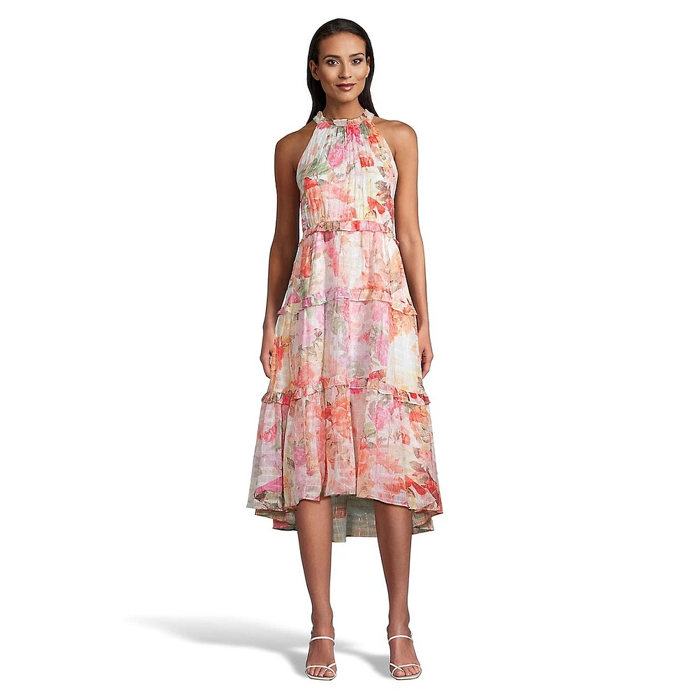 Tiered Floral Chiffon Halter Midi Dress