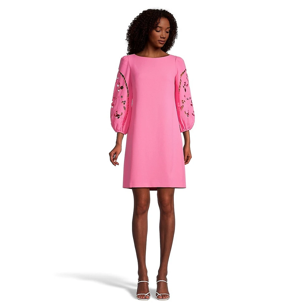 Embroidered Puff-Sleeve A-Line Dress