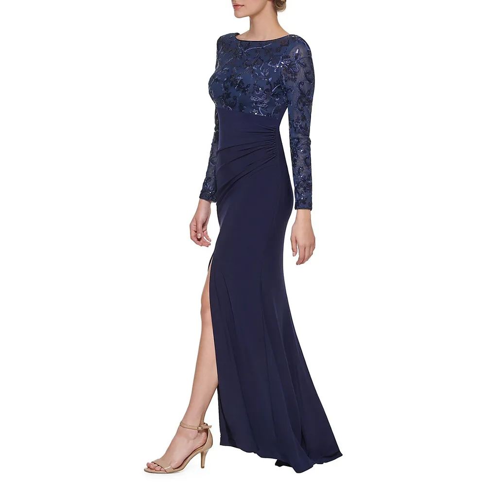 Long-Sleeve Sequin-Detail Ruched Gown