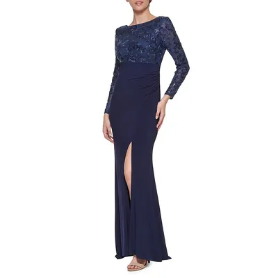 Long-Sleeve Sequin-Detail Ruched Gown