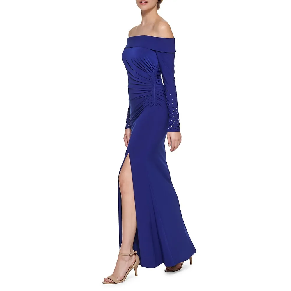 Off-The-Shoulder Embellished-Sleeve Gown