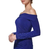 Off-The-Shoulder Embellished-Sleeve Gown