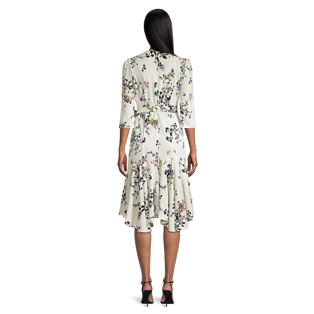 Floral Crepe Ruffled-Hem Wrap MIdi Dress