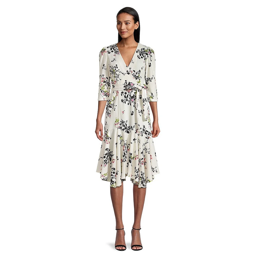 Floral Crepe Ruffled-Hem Wrap MIdi Dress