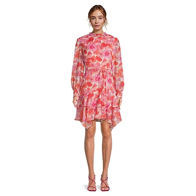 Floral Blouson-Sleeve Fit-&-Flare Mini Dress