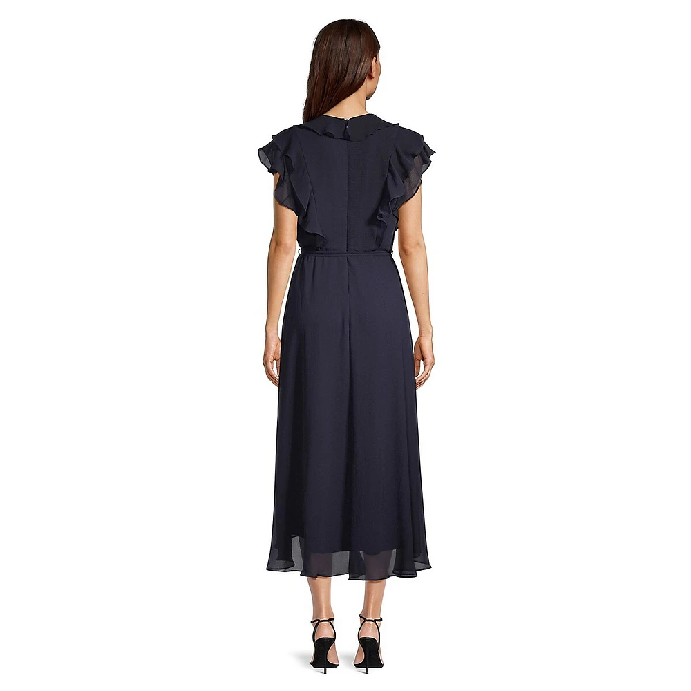 Ruffled Flutter-Sleeve Chiffon Midi Dress