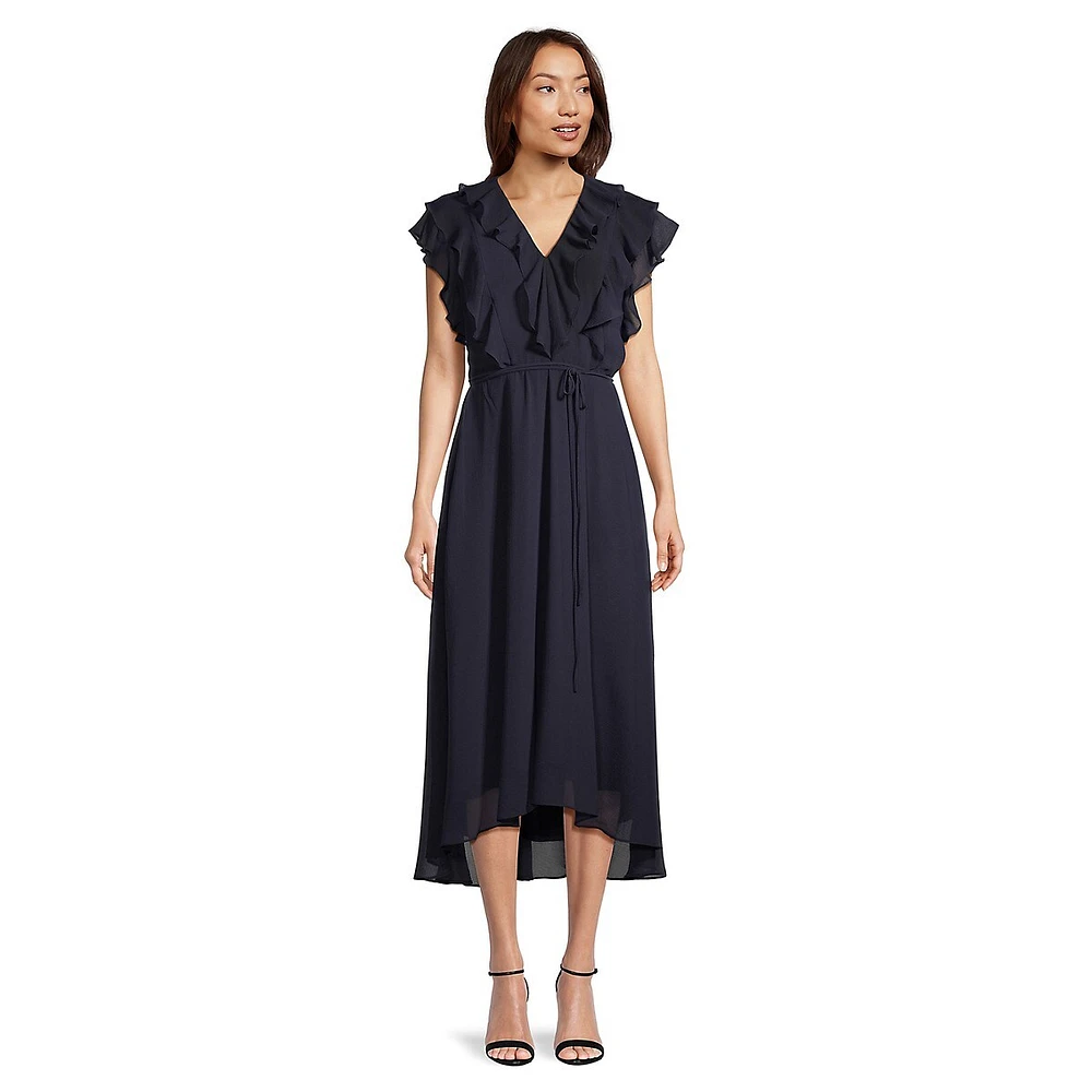 Ruffled Flutter-Sleeve Chiffon Midi Dress