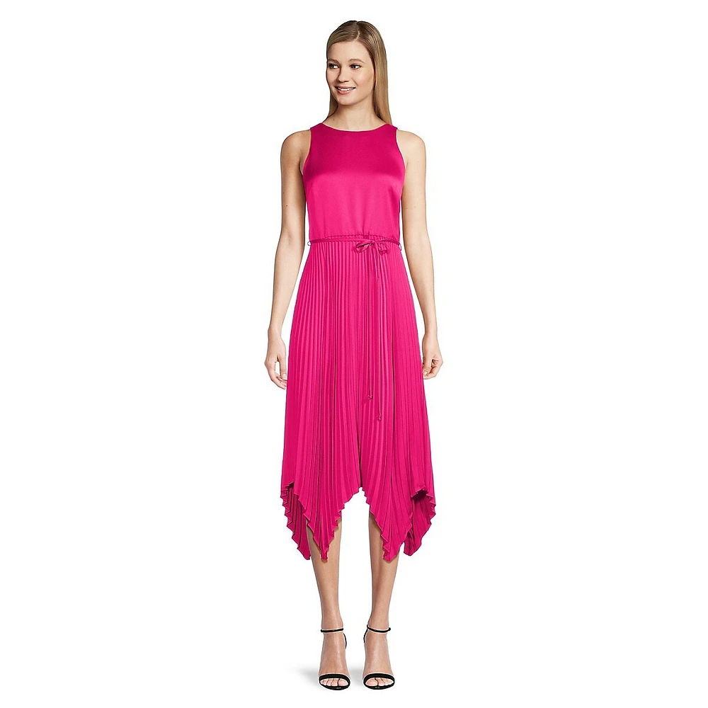 Sleeveless Pleated Satin Handkerchief Midi Dress