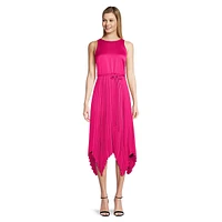 Sleeveless Pleated Satin Handkerchief Midi Dress