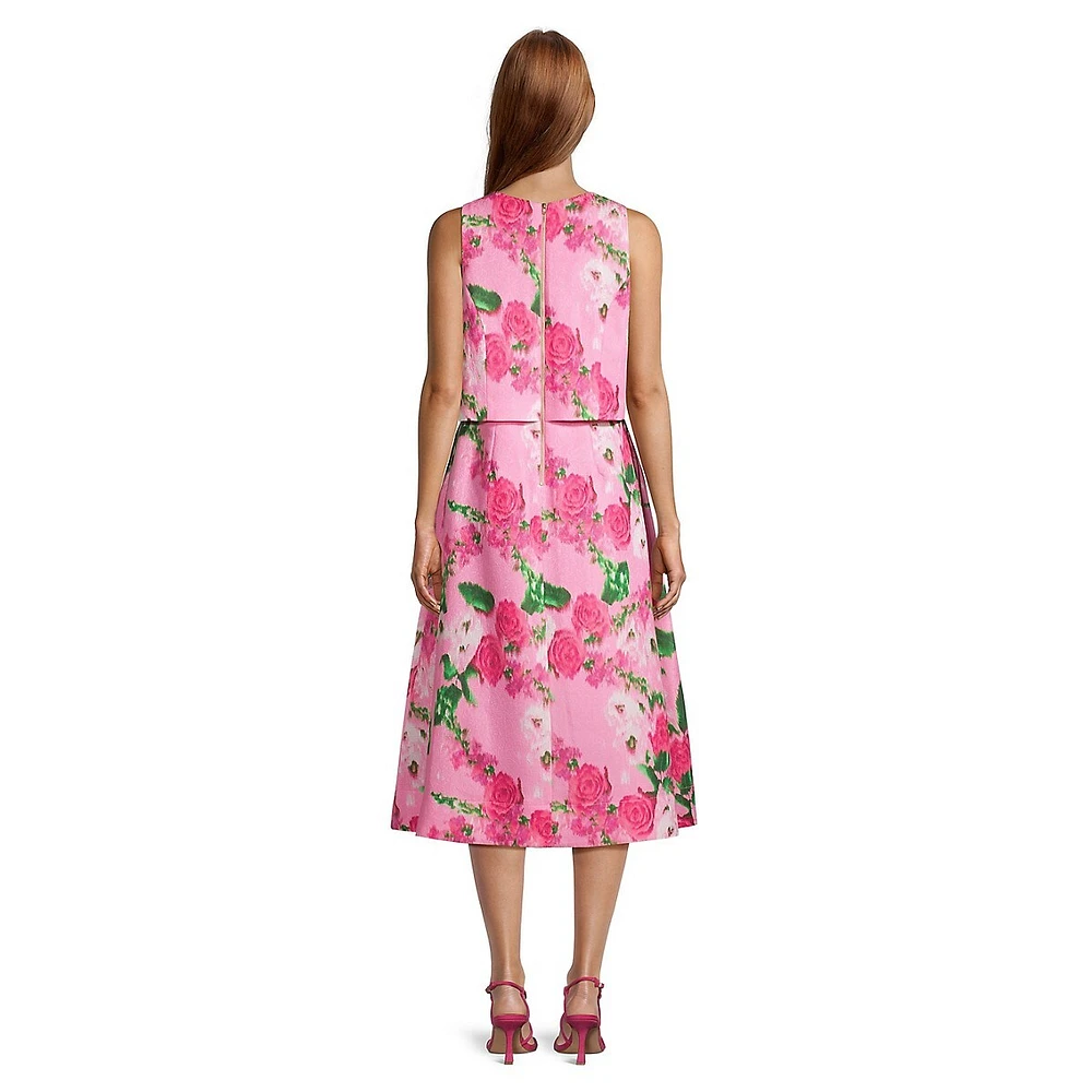 Mock 2-Piece Jacquard Floral Midi Dress