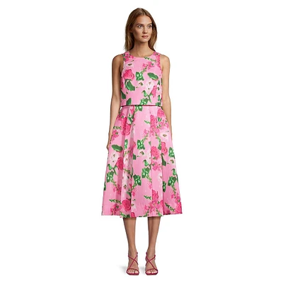 Mock 2-Piece Jacquard Floral Midi Dress