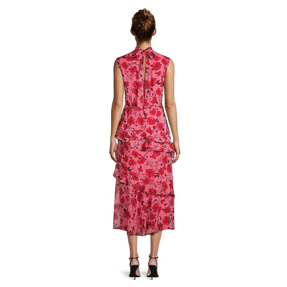 Floral Sleeveless Mockneck Tiered Midi Dress