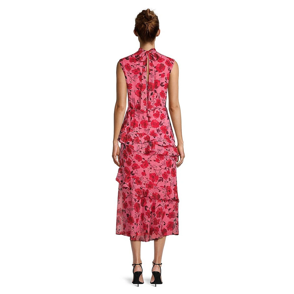 Robe midi fleurie sans manches à col montant et plusieurs niveaux