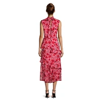 Floral Sleeveless Mockneck Tiered Midi Dress