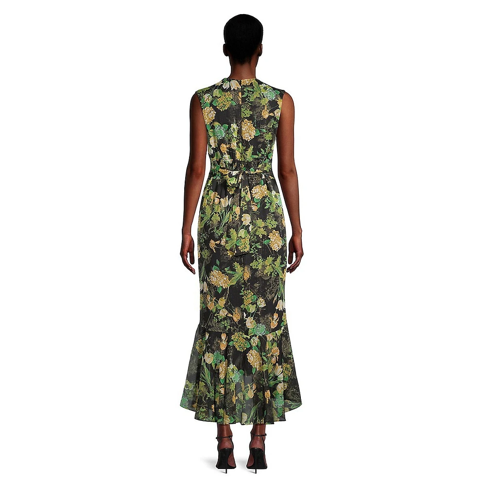 Lurex Floral Ruffled Sleeveless Midi Dress