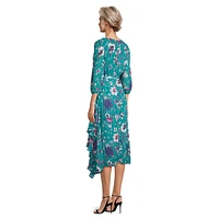 Floral Chiffon Cowlneck Ruffled Midi Dress