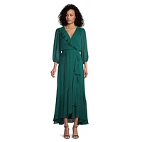 Ruffled Chiffon Faux-Wrap Tie-Waist Maxi Dress