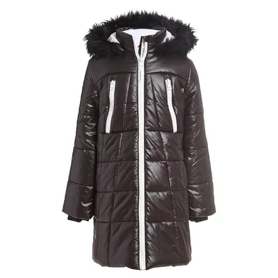 Girl's Faux Fur Hooded High-Gloss Puffer Coat