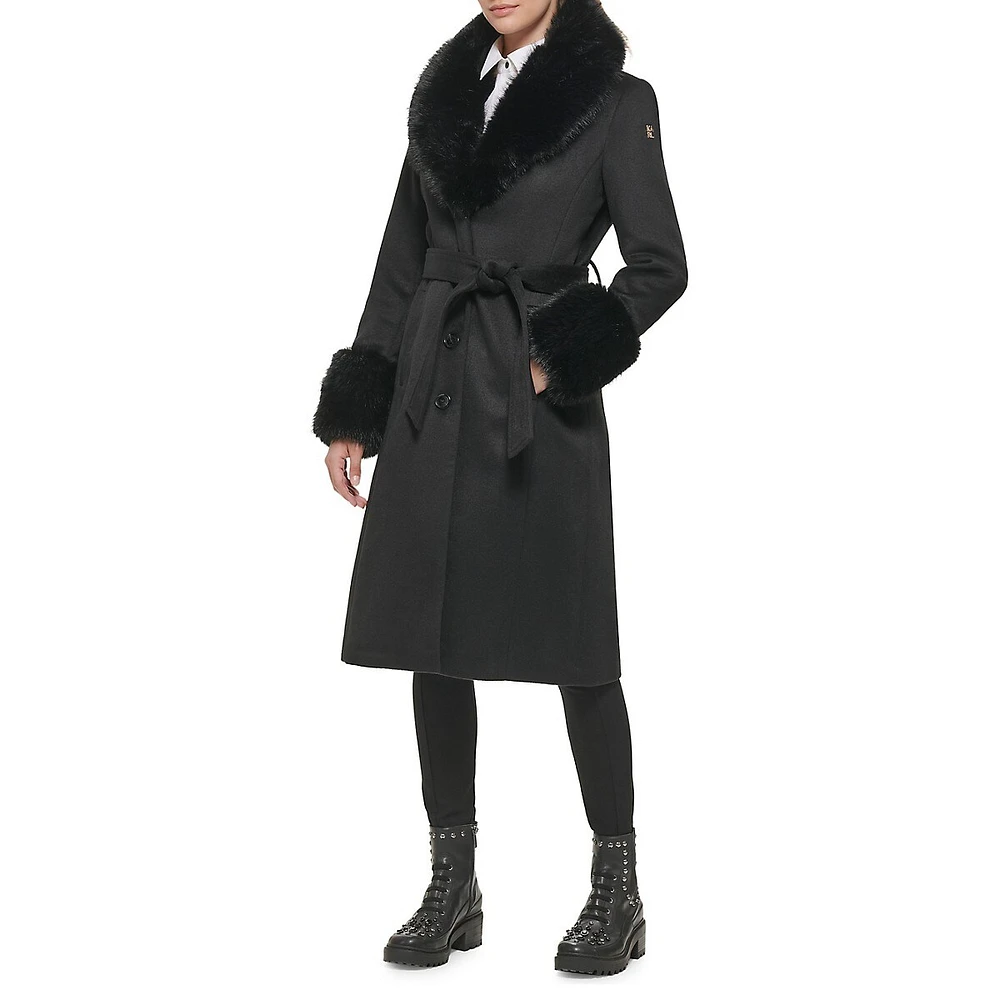 Faux Fur Trim Belted Coat