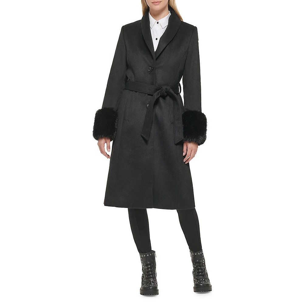 Faux Fur Trim Belted Coat