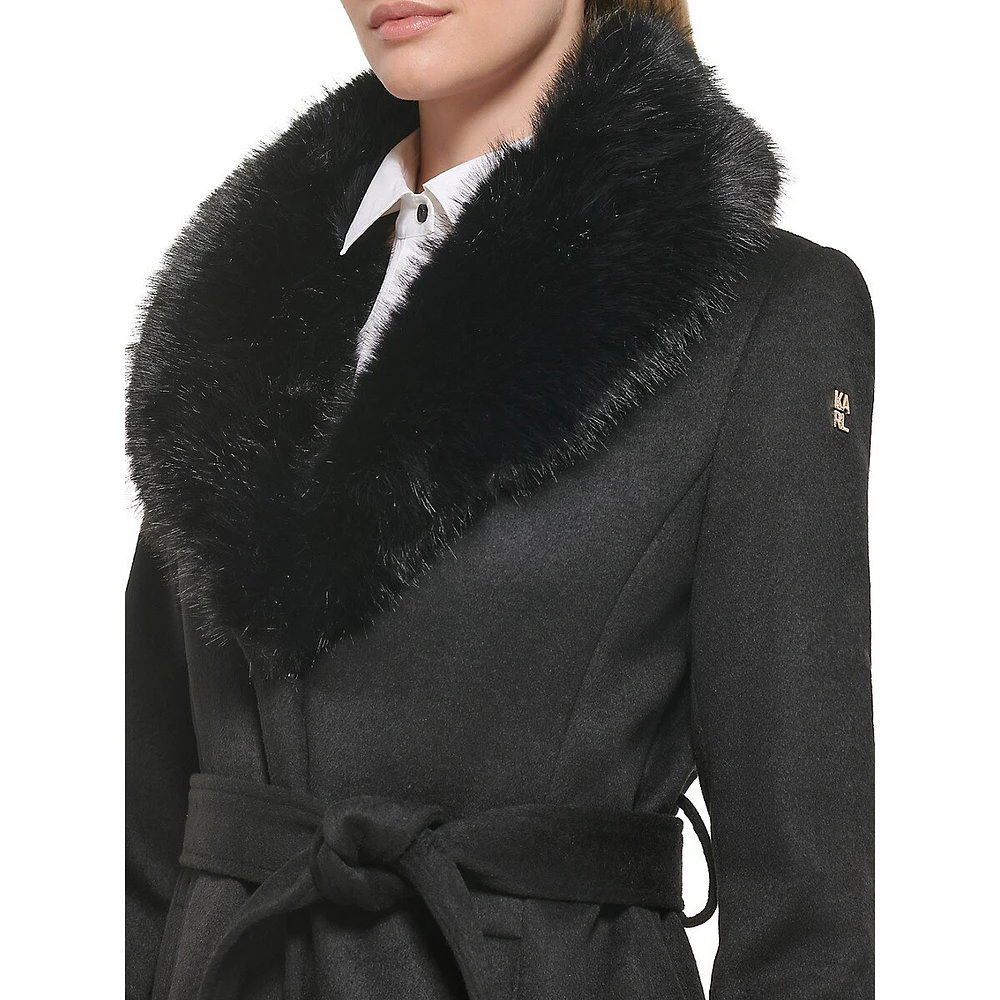 Faux Fur Trim Belted Coat