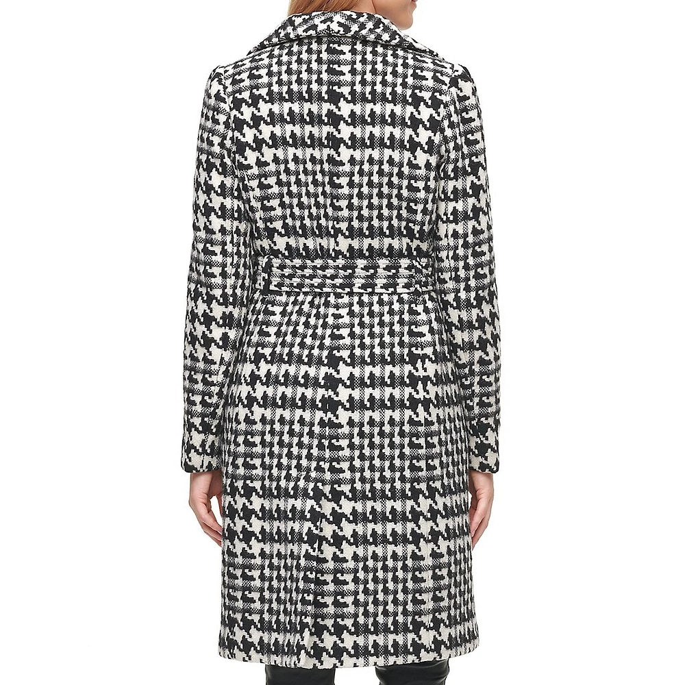 Wool-Blend Houndstooth Wing-Collar Belted Coat