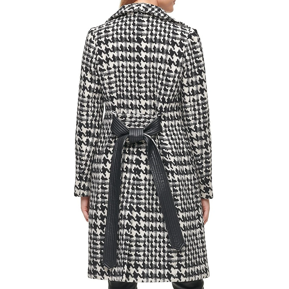 Wool-Blend Houndstooth Wing-Collar Belted Coat