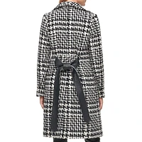 Wool-Blend Houndstooth Wing-Collar Belted Coat