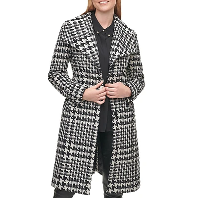 Wool-Blend Houndstooth Wing-Collar Belted Coat