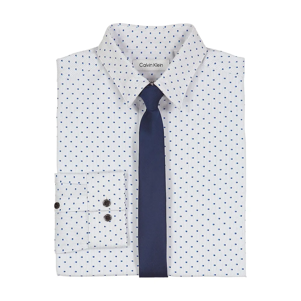 Boy's 2-Piece Shadow-Dot Stretch Shirt & Tie Set