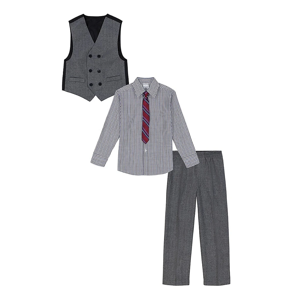 Little Boy's 4-Piece Herringbone Vest, Pants, Shirt & Tie Set