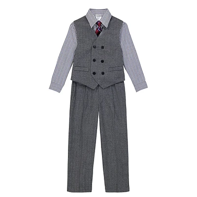 Little Boy's 4-Piece Herringbone Vest, Pants, Shirt & Tie Set