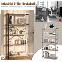 5-tier Rustic Industrial Bookshelf Wood Display Storage Rack With Metal Frame Grey
